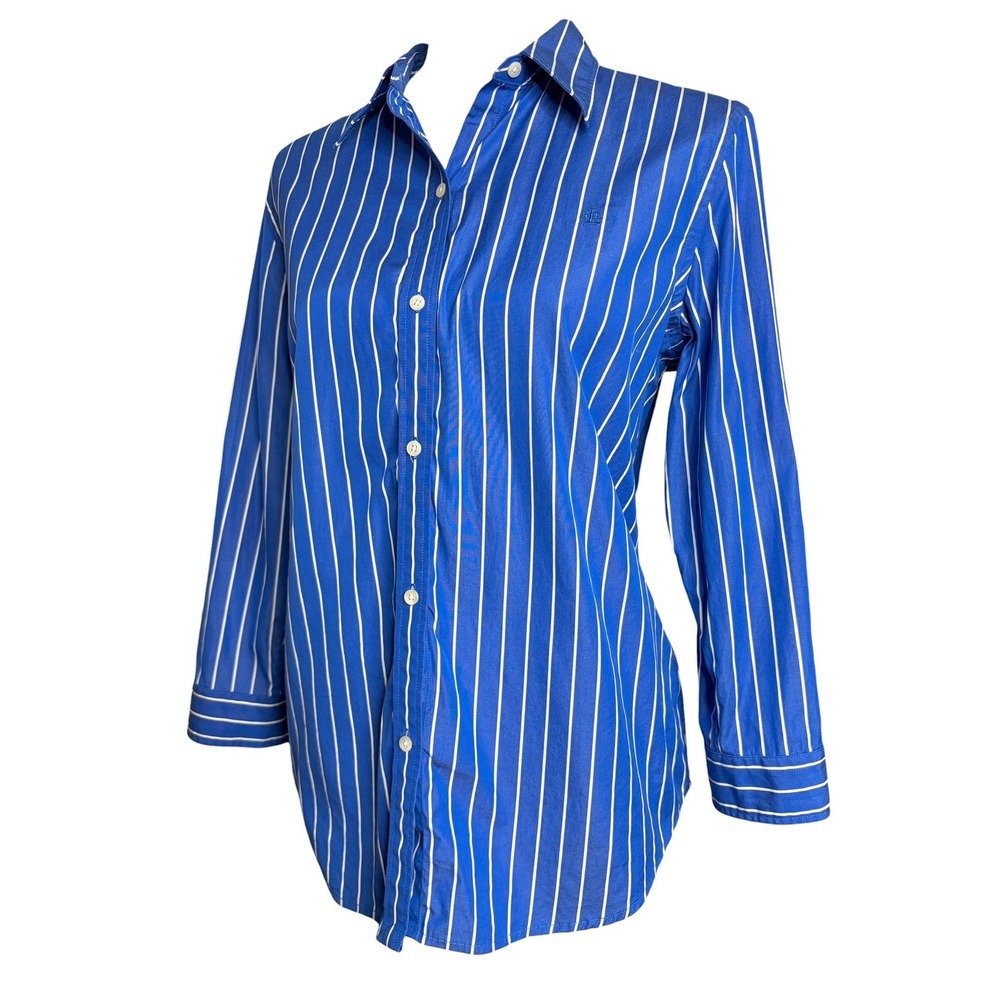 90s Y2K Lauren Ralph Lauren Striped Monogram Shirt L Blue White Cotton Top - Picture 4 of 8